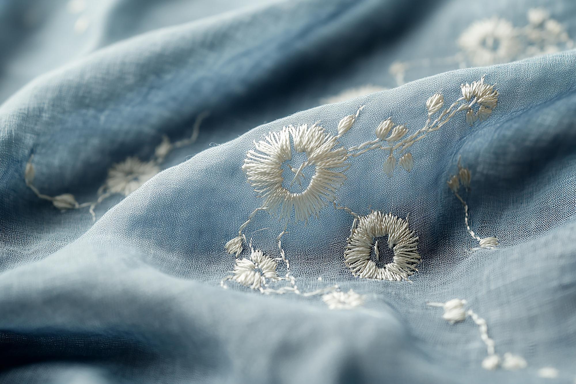 Close-up of luxury hand embroidery on silk